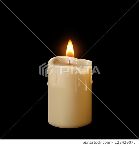 Vector illustration of round wax candle with flame, drops and drips of paraffin. 128429073