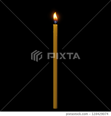 Burning wax candle 3D vector illustration, realistic thin long glowing lit paraffin candle with fire flame, candlelight Burning wax candle 3D vector illustration, realistic thin long glowing lit paraffin candle with fire flame, candlelight 128429074
