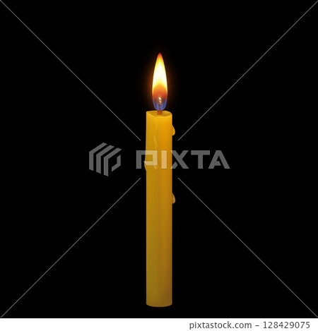 Burning wax candle 3D vector illustration, realistic orange glowing lit paraffin candle with fire flame, candlelight 128429075