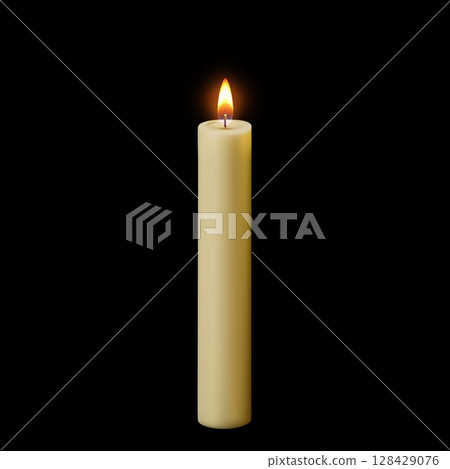 Burning wax candle 3D vector illustration, realistic glowing lit paraffin candle with fire flame, candlelight decoration 128429076