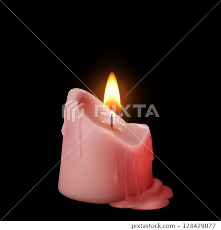 Burning wax candle, pink color with burning flame and melted paraffin. 128429077