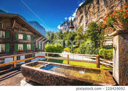 Great view of alpine village. Location place Swiss alps, Lauterbrunnen valley, Europe. Beauty world 128429092
