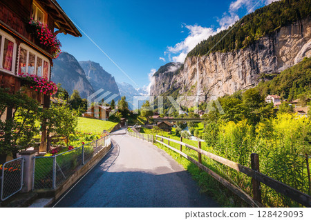 Great view of alpine village. Location place Swiss alps, Lauterbrunnen valley, Europe. Beauty world 128429093