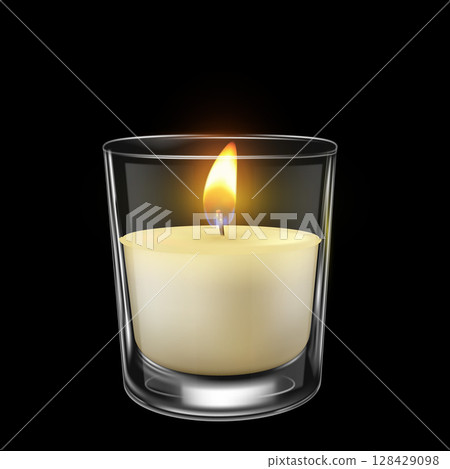 Realistic wax candle with burning flame on wick in glass cup. 128429098