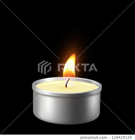 Burning tea candle 3D vector illustration, realistic glowing lit wax paraffin candle with fire flame, event decoration 128429129