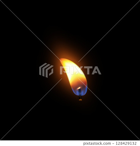 Curved shape of burning, glowing flame on wick, isolated black background. 128429132