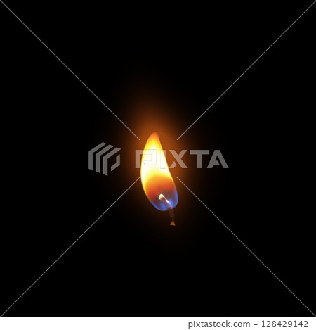 Realistic candle fire flame vector illustration, 3D flare texture black background, closeup candlelight, memorial event 128429142