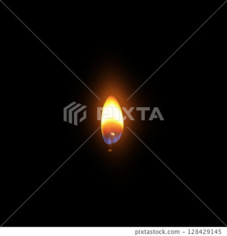 Candle fire flame 3D vector illustration, realistic flare texture on black background, candlelight, memorial event 128429145