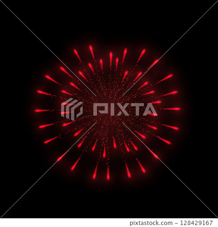 Fireworks salute with shining sparks, vector bright red explosion festive firecracker salute, pyrotechnic rocket fire 128429167
