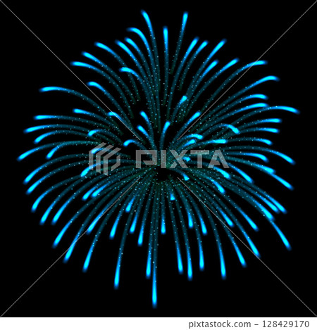 Realistic fireworks salute with shining sparks, vector blue explosion festive firecracker burst, pyrotechnic rocket fire 128429170