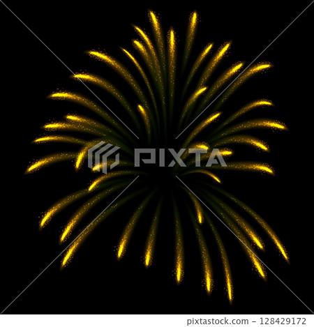 Fireworks salute with yellow shining sparks, vector realistic explosion festive firecracker burst, pyrotechnic fire 128429172