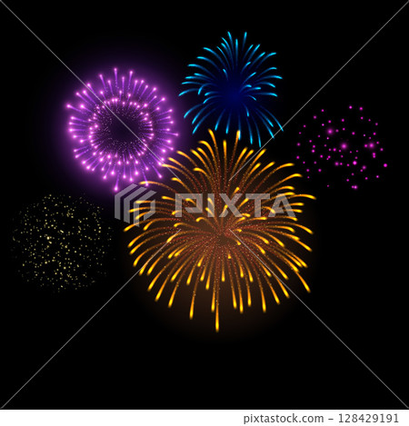 Realistic explosions of fireworks in yellow, purple, blue colors. Realistic explosions of fireworks in yellow, purple, blue colors. 128429191
