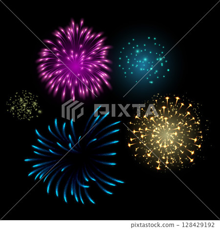 Fireworks salute with shining sparks, vector colorful festive firecracker burst, bright pyrotechnic shimmering explosion Fireworks salute with shining sparks, vector colorful festive firecracker burst, bright pyrotechnic shimmering explosion 128429192