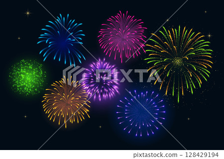 Bright, multi-colored fireworks in the night sky. Vector realistic illustration. 128429194