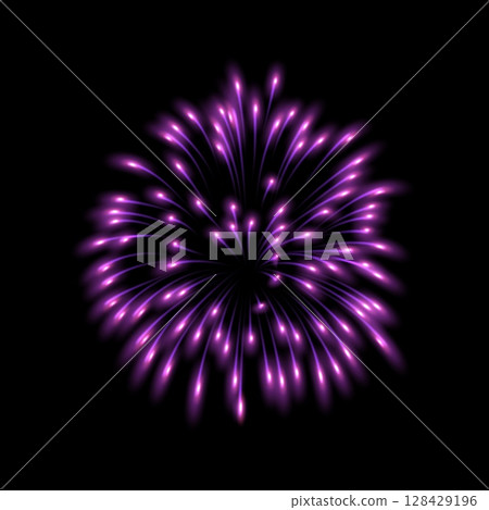 Fireworks salute with pink shining sparks, vector lilac explosion festive firecracker burst, pyrotechnic rocket fire 128429196