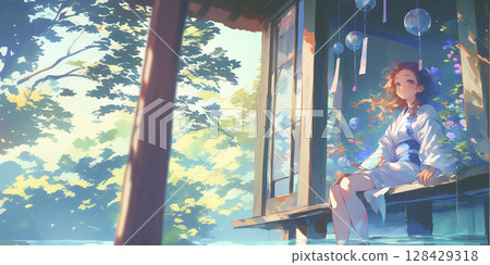 A girl cooling off on a veranda by the water 128429318