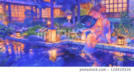 A girl cooling off on a veranda by the water 128429326