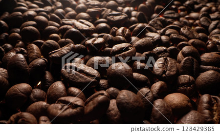 Macro View Of Aromatic Roasted Coffee Beans. Textured Surface. Rich Aroma. 128429385