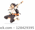 一個穿著男孩服裝的女孩面帶微笑，精力充沛地跳躍 128429395