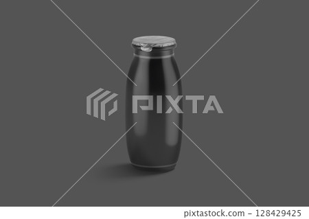 Blank black plastic bottle with drinkable yogurt mockup, dark background Blank black plastic bottle with drinkable yogurt mockup, dark background 128429425