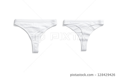 Blank white women thong underwear mockup, front and back Blank white women thong underwear mockup, front and back 128429426