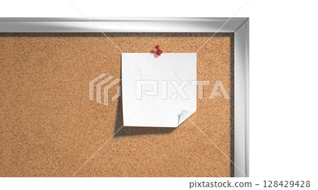 Blank white paper note pinned cork-board mockup, depth of field Blank white paper note pinned cork-board mockup, depth of field 128429428