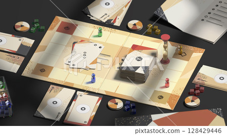 Colored board game field with chips, dice and cards mockup Colored board game field with chips, dice and cards mockup 128429446