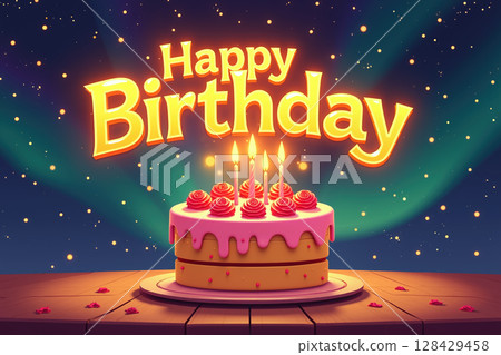 Birthday cake with candles and Happy Birthday text. 128429458