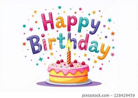 Colorful cake with candle and Happy Birthday text. 128429459