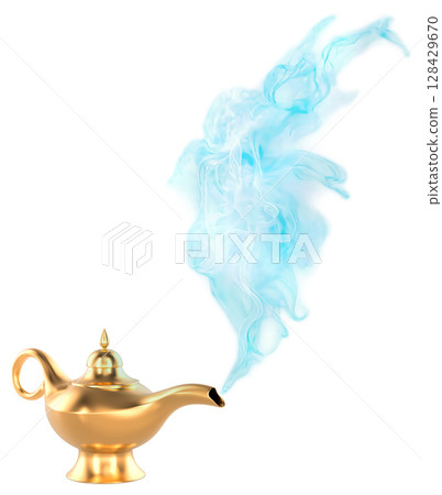 Aladdin magic lamp with swirling blue smoke coming out of spout. 3D rendering 128429670