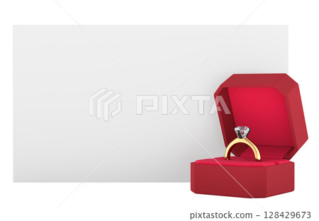 Blank white card with diamond engagement ring in red box. 3D rendering Blank white card with diamond engagement ring in red box. 3D rendering 128429673
