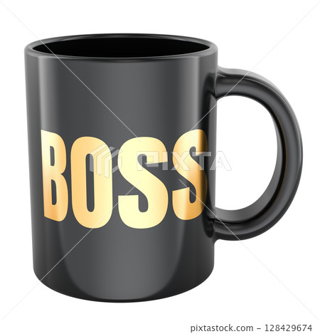 BOSS, black ceramic mug with text. 3D rendering 128429674