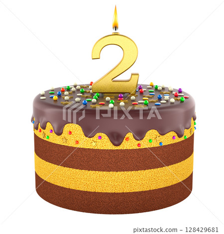 Layered birthday cake with chocolate glaze with burning gold number 2 candle. 3D rendering 128429681