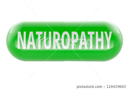 Naturopathy, green capsule with text. 3D rendering Naturopathy, green capsule with text. 3D rendering 128429683
