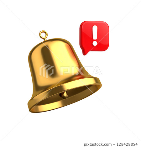 Golden bell notification alert 3d render isolated, shiny metal chime for app ui or announcement graphic 128429854