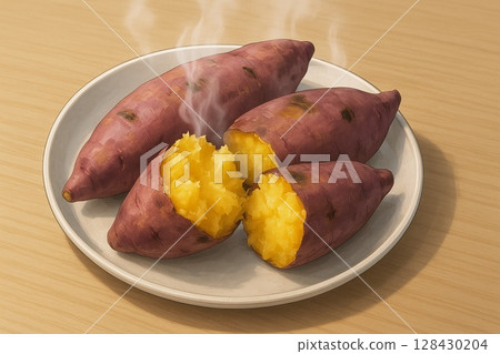 Arrangement of steaming roasted sweet potatoes (autumn sweetness) 128430204