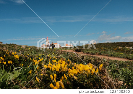 Lush green hills and rugged terrain with blue sky and scattered clouds in Cabo da Roca Sintra Portugal natural landscape with vegetation from scenic hiking trail Lush green hills and rugged terrain with blue sky and scattered clouds in Cabo da Roca Sintra Portugal natural landscape with vegetation from scenic hiking trail 128430260
