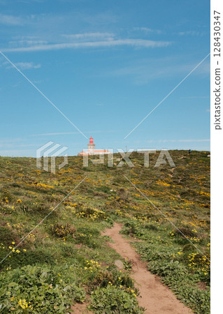 Lush green hills and rugged terrain with blue sky and scattered clouds in Cabo da Roca Sintra Portugal natural landscape with vegetation from scenic hiking trail Lush green hills and rugged terrain with blue sky and scattered clouds in Cabo da Roca Sintra Portugal natural landscape with vegetation from scenic hiking trail 128430347