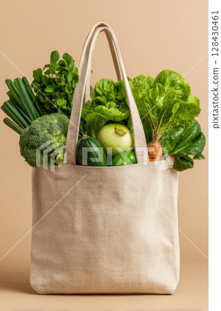 Reusable cotton shopping bag filled with vegetables 128430461