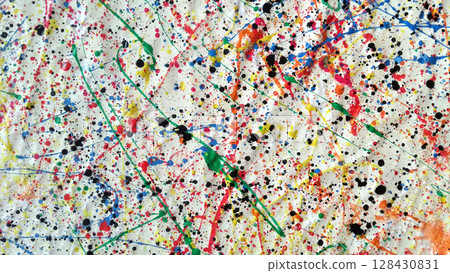 Large abstract splatter painting with multicolored paint drips and black ink spots on crumpled white canvas Large abstract splatter painting with multicolored paint drips and black ink spots on crumpled white canvas 128430831