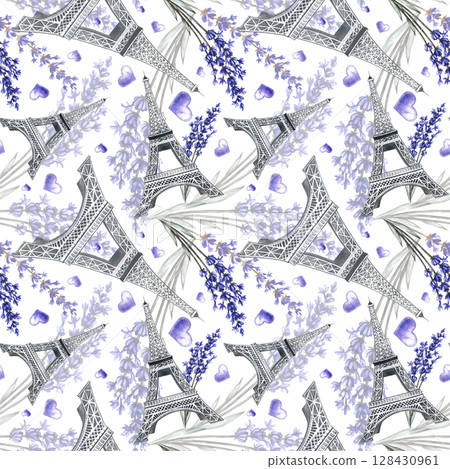 Seamless purple pattern with the Eiffel Tower and lavender flowers. Hand-drawn watercolor illustrations. Beautiful pattern for clothing textiles, wrapping paper, tablecloths, curtains, etc. 128430961