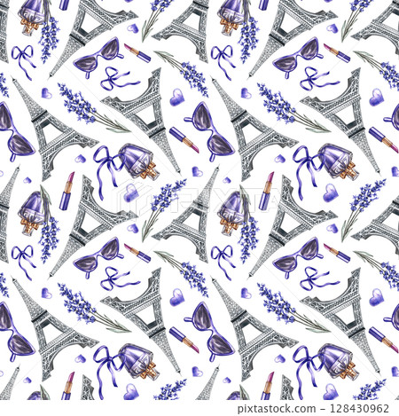 Seamless purple pattern depicting French fashion and beauty. Hand-drawn watercolor illustrations. Perfumes, sunglasses, lavender flowers, and the Eiffel Tower. For textiles, wrapping paper, wallpaper. 128430962