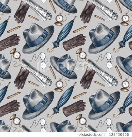 Seamless pattern on a men's theme from men's accessories, hats, gloves, umbrellas, canes, and so on. Hand-drawn watercolor illustration. Great for textiles, wrapping paper and packaging, holiday decor 128430966