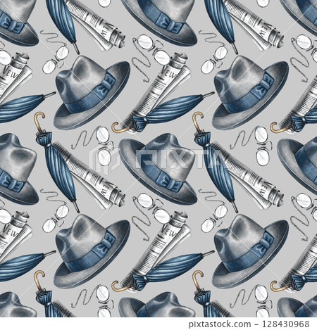 Seamless pattern of men's hats, newspaper rolls, and optical glasses, cane umbrellas. Hand-drawn watercolor illustration. Perfect for textiles, wrapping paper, and packaging, as well as holiday decor. 128430968