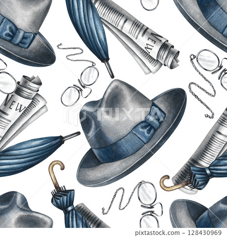 Seamless pattern of men's hats, newspaper rolls, and optical glasses, cane umbrellas. Hand-drawn watercolor illustration. Perfect for textiles, wrapping paper, and packaging, as well as holiday decor. 128430969