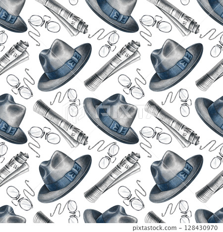 Seamless pattern of men's hats, newspaper rolls, and optical glasses. Hand-drawn watercolor illustration. Perfect for textiles, wrapping paper, packaging, holiday decor, and more. 128430970