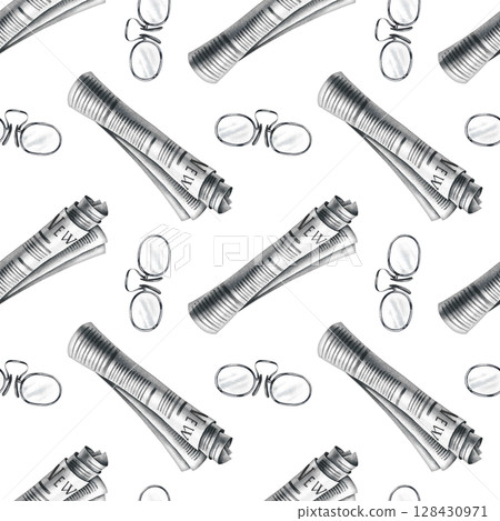 Seamless pattern made from newspaper rolls and optical glasses. Hand-drawn watercolor illustration. Perfect for textiles, wrapping paper and packaging, printing house decor and more. 128430971