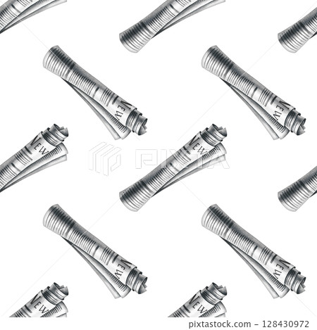 Seamless pattern from newspaper rolls. Hand-drawn watercolor illustration. Perfect for textiles, wrapping paper and packaging, printing house decor and more. 128430972