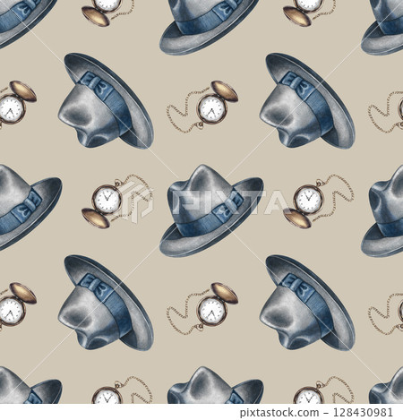 Seamless pattern featuring men's hats and vintage pocket watches. Hand-drawn watercolor illustration. For textiles, packaging and labels, wallpaper, wrapping paper, decor, and murals 128430981