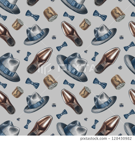 Seamless pattern with men, hats, shoes, wallets, etc. Hand-drawn watercolor illustration. On a gray background. For textiles, packaging and labels, wallpaper, wrapping paper, decor, and murals. 128430982